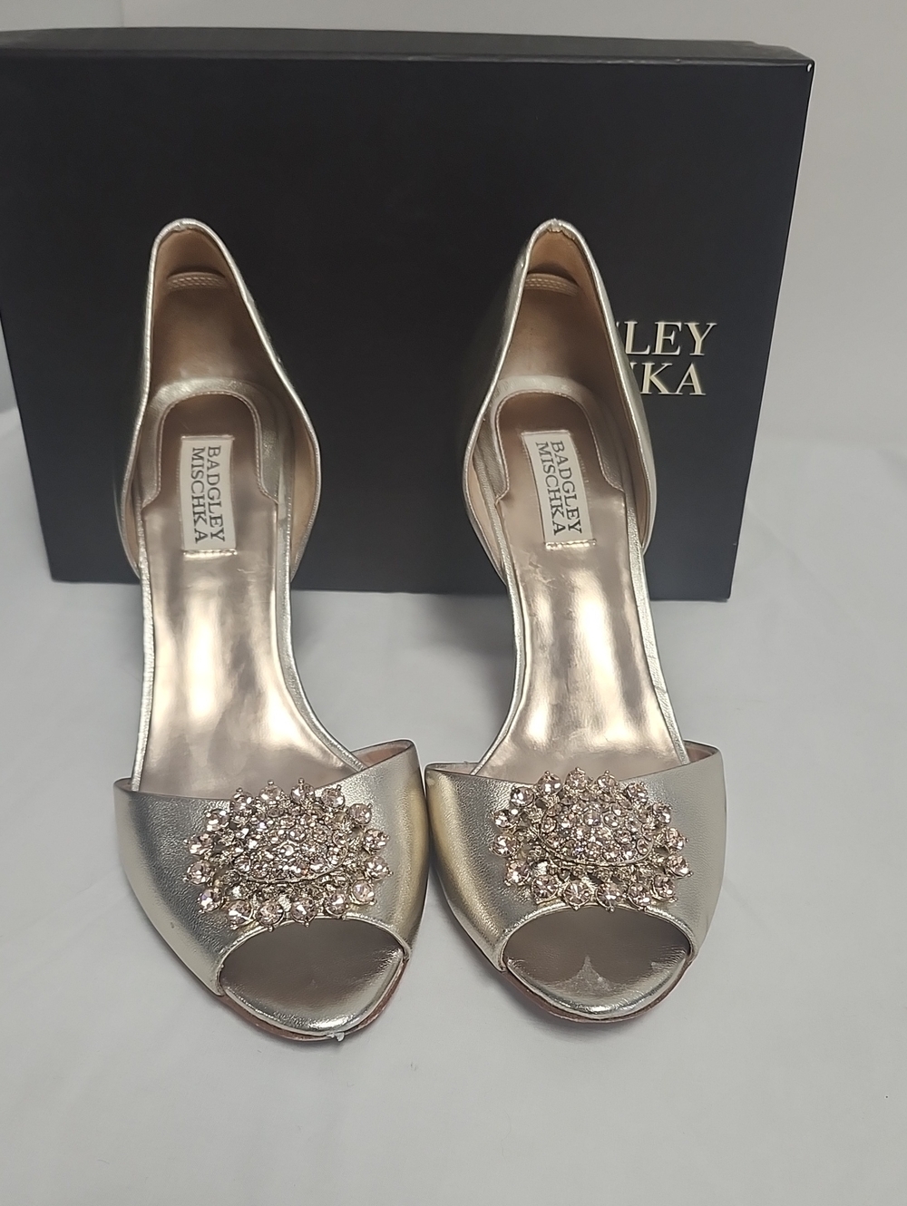 Badgley Mischka Metallic Gold Peep-Toe Heels with Crystal Brooch